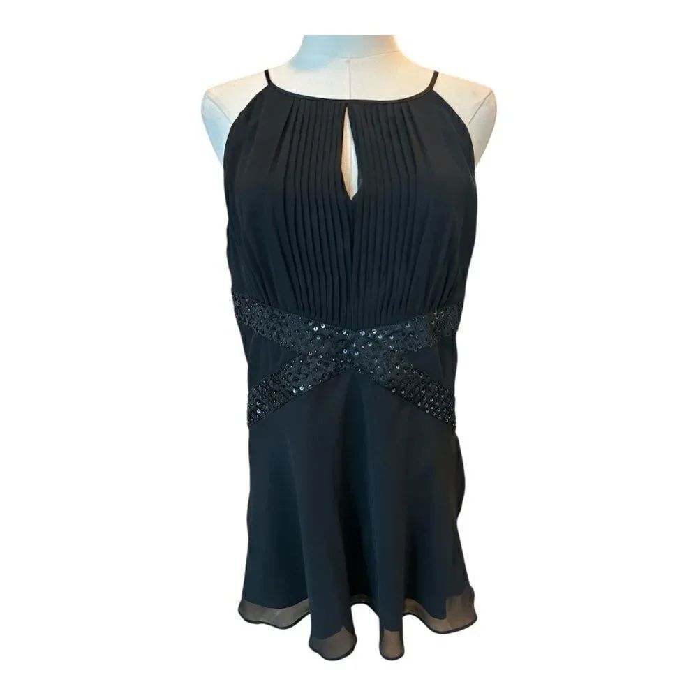 R&M Richards Black Evening Top Size 14 Sequined Sleeveless Chiffon Satin Top